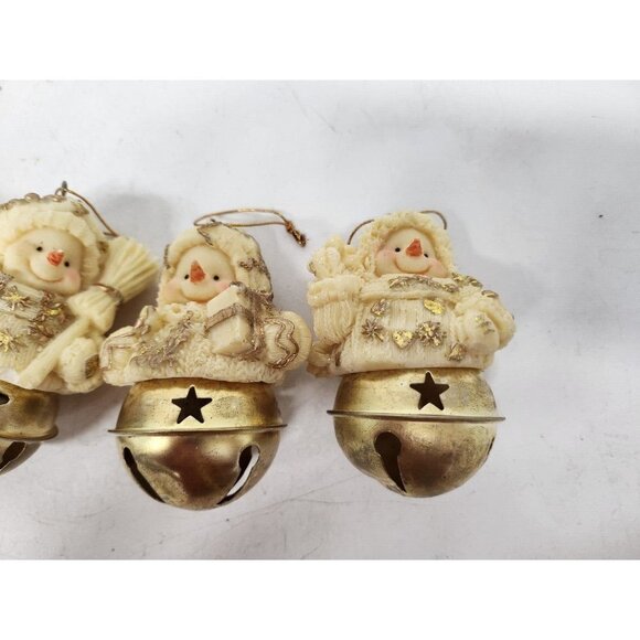 Vintage Snowman Christmas Tree Ornaments With Bells Resin And Brass Set Of 5 - Picture 2 of 8